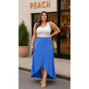 Blue High Low Tulip Hem Maxi Skirt Elastic Waist Faux Wrap Drape Skirt‎